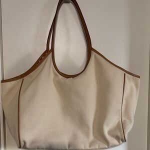 Stoney Clover Lane Cream Canvas Scoop Tote with Tan Trim